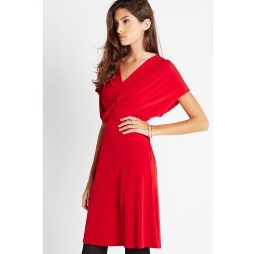 BCBGeneration Red Pleated Bodice Dress Size Large NWT Above Knee V-Neck‎